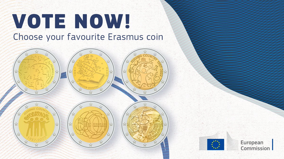 2022 marks 35 years of #ErasmusPlus!✨

A commemorative €2 coin will be issued to celebrate these years of friendship and cooperation, and you get to choose which one! 📝

Pick your favourite design – the poll is open until 31 March  👉 europa.eu/!KF63RV