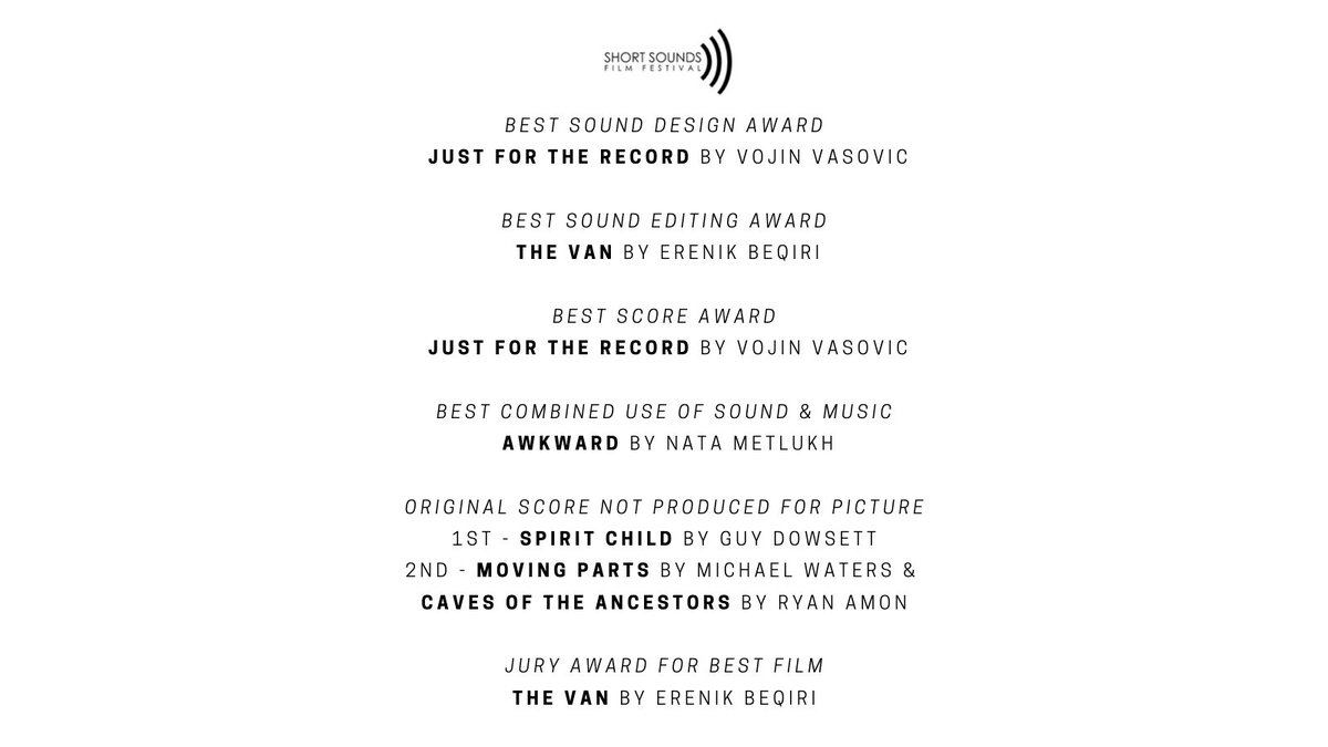 shortsoundsfest's tweet photo. The results are in! Here are the winners from last night's #SSFF2021 awards ceremony. 

#filmfest #shortfilm #filmawards https://t.co/YxQI5YQV67