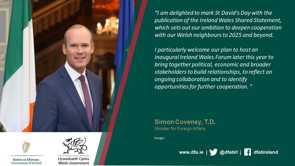 Embassy of Ireland (@irelandembgb) on Twitter photo Happy #StDavidsDay / #DyddGwylDewiHapus.
Tune in at 12pm for the virtual launch of the Ireland-Wales Shared Statement & Action Plan 2021-25, with <a href="/simoncoveney/">Simon Coveney</a> and @fmwales 🇮🇪🏴
Watch <a href="/dfatirl/">Irish Foreign Ministry</a>👉 youtube.com/user/IrishFore… Happy #StDavidsDay / #DyddGwylDewiHapus.
Tune in at 12pm for the virtual launch of the Ireland-Wales Shared Statement & Action Plan 2021-25, with <a href="/simoncoveney/">Simon Coveney</a> and @fmwales 🇮🇪🏴
Watch <a href="/dfatirl/">Irish Foreign Ministry</a>👉 youtube.com/user/IrishFore…
