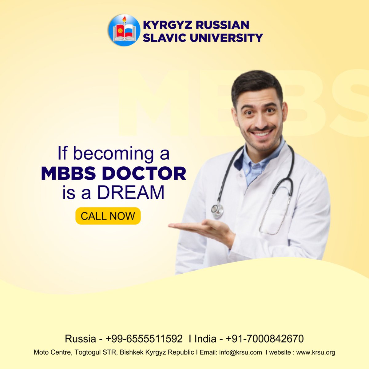 krslavic's tweet photo. If becoming a MBBS DOCTOR is a Dream

Contact Kyrgyz Russian Slavic University.

☎️Call Now: +99-6555511592, +91-7000842670
📨Email: info@krsu.com
📨Address: Moto Centre, Togtogul STR, Bishkek Kyrgyz Republic

#Bachelor #Degree #Study #BachelorDegree #MBBSDegree #MBBSDegreeAbroad https://t.co/bJPGQbiiib