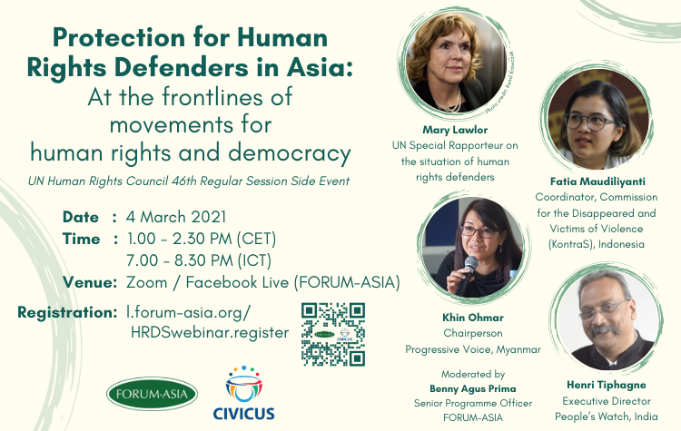 ๐
Don't miss @forum_asia's online event "Protection for #HumaRightsDefenders in Asia," with UN Special Rapporteur @MaryLawlorhrds and @PVamplify Chairperson Khin Ohmar. Join them this Thursday, March 4, at 1:30 pm CET.
Register here๐: https://t.co/XYl5Dn6T6o