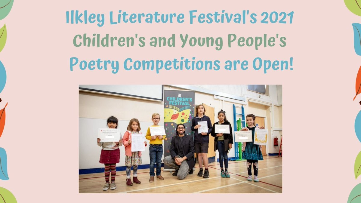 Ilkley Literature Festival's 2021 Children's and Young People's Poetry Competitions are Open! Image: pink background with image of 2019 competition winners with poet and judge Sai Murray.