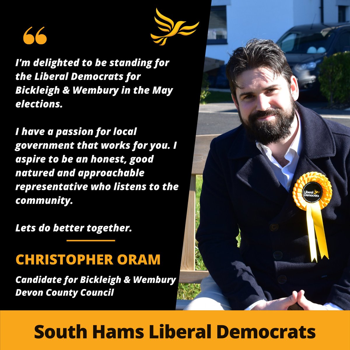 ChrisOram1990's tweet photo. I am delighted to be running on behalf on the Liberal Democrats for Bickleigh &amp; Wembury in the upcoming local elections.

Follow me: 
https://t.co/hJpOddDboY
https://t.co/yDIbsISshj

@LibDems @DevonLibDems #localelections2021 #southhams #Bickleigh #Wembury #Devon #devonlibdems https://t.co/RPUVhy6WNZ