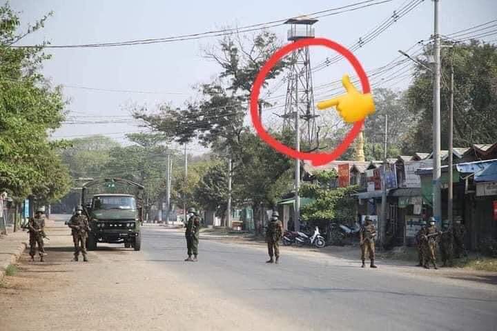Soldiers are at the top of fire lookout tower in Taung-twin-gyi township with guns.They are finding protesters who hide &amp; run away from huge crack-down on demo.
TERRORIST JUNTA
<a href="/UN_HRC/">UN Human Rights Council</a> <a href="/YourAnonCentral/">Anonymous</a> <a href="/freya_cole/">Freya Cole</a> <a href="/RapporteurUn/">UN Special Rapporteur Tom Andrews</a> <a href="/SchranerBurgen1/">Christine Schraner Burgener</a> 
#Mar1Coup
#WhatsHappeningInMyanmar