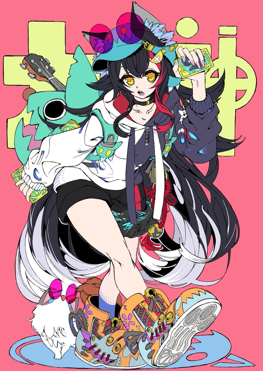 ookami mio 1girl animal ears black hair long hair white hoodie wolf ears shorts  illustration images