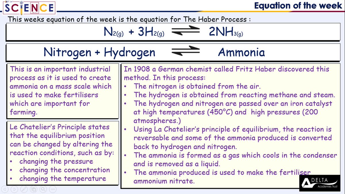 Ingleby Manor Free School (@free_manor) on Twitter photo The equation of the week for this week is The Haber Process. This links in with our innovation equation and as the process is used to create Ammonia which is used in the fertilisers which are responsible for helping crops to grow and feed the Earth's population. <a href="/deltatrustsci/">Delta Trust Science</a> The equation of the week for this week is The Haber Process. This links in with our innovation equation and as the process is used to create Ammonia which is used in the fertilisers which are responsible for helping crops to grow and feed the Earth's population. <a href="/deltatrustsci/">Delta Trust Science</a>