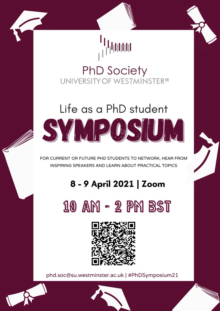 🚨ANNOUNCEMENT🚨

Join us for 'Life as a PhD Student' Symposium!

🗓️Thurs 8 - Fri 9 April
📍 Online
👥All welcome, no matter which university/ country you're based in!
💻Registration: bit.ly/37JyfWe 

#PhDSymposium21 #phd #UniversityofWestminster  #phdlife #phdchat