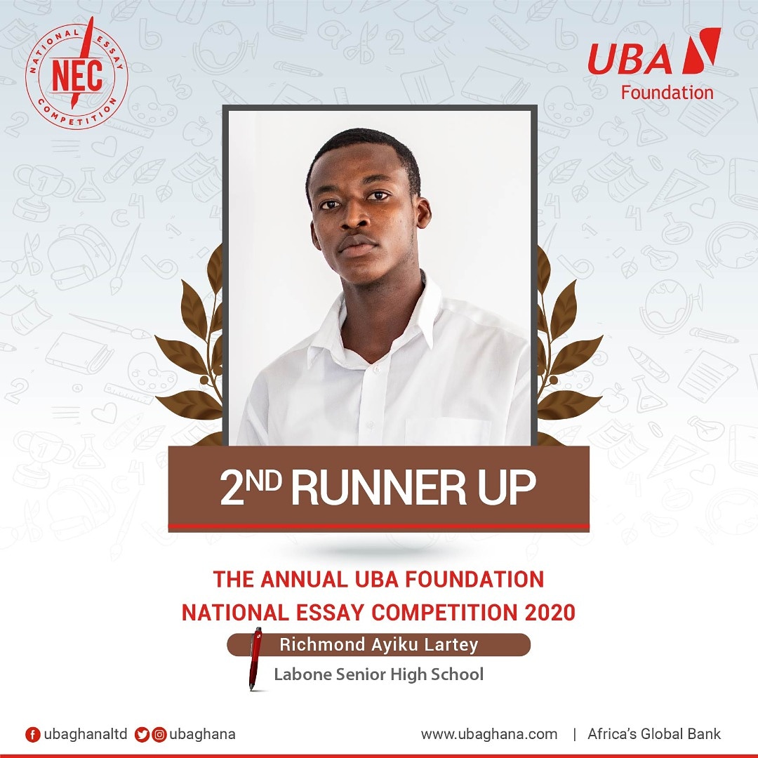 UBAGhanaLtd's tweet photo. Congratulations to Master Richmond Ayiku Lartey of Labone Senior High (@LaboneShs) School for emerging as the 2nd Runner Up of this year's UBA Foundation National Essay Competition.
He walks away with a cash prize of $2,000, a plaque and a laptop
#nec2020 #UBAGhana https://t.co/RlVl3Olmgb