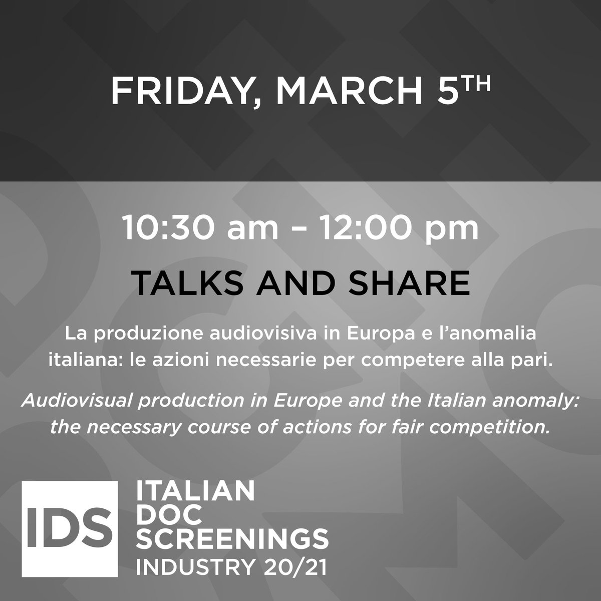 Richiedi l’accredito gratuito per partecipare al Talks and Share e agli altri eventi di IDS 2021! Scopri di più su italiandocscreenings.net/industry/