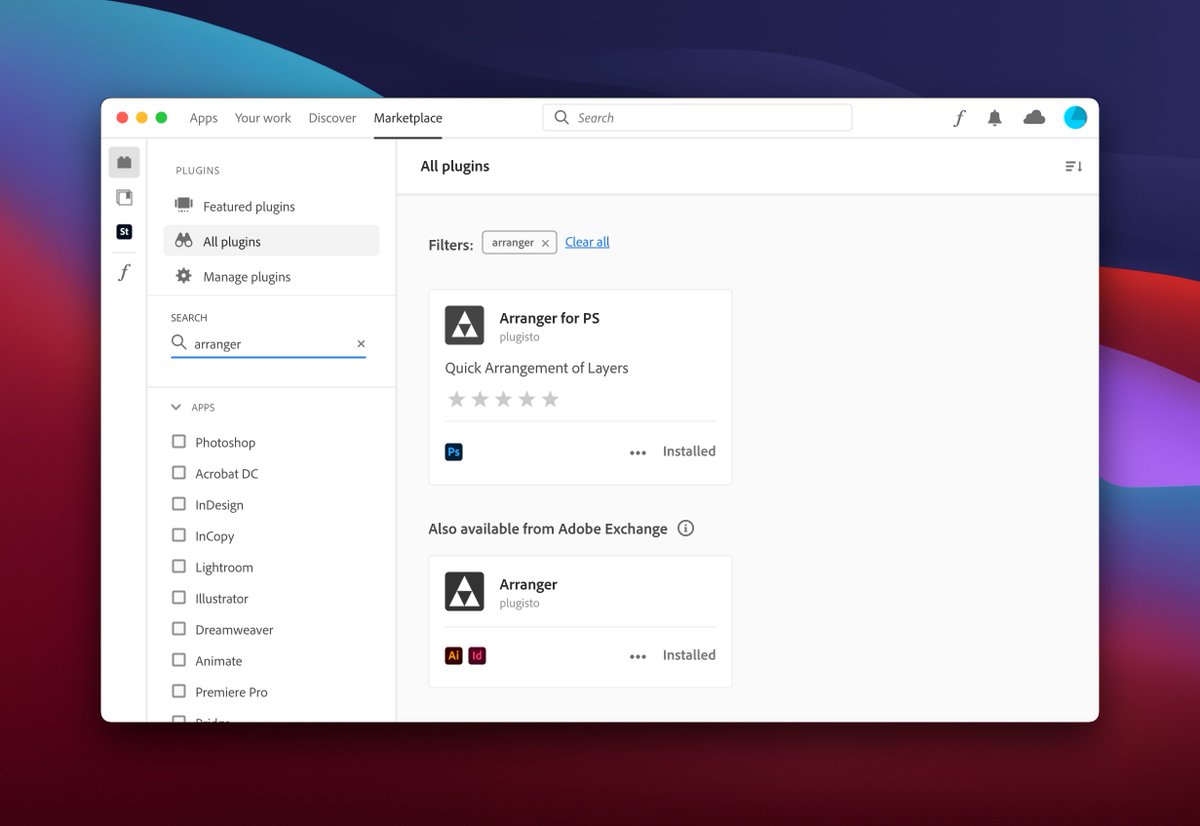 plugisto's tweet photo. Marketplace tab in Creative Cloud App is back on M1 Macs ๐
This means Arranger is available again on these Macs.
Get all variations from here: https://t.co/SzNgb7E9PJ
@creativecloud #plugins #PsPlugins #AIPlugins https://t.co/yDxuR5XlbQ