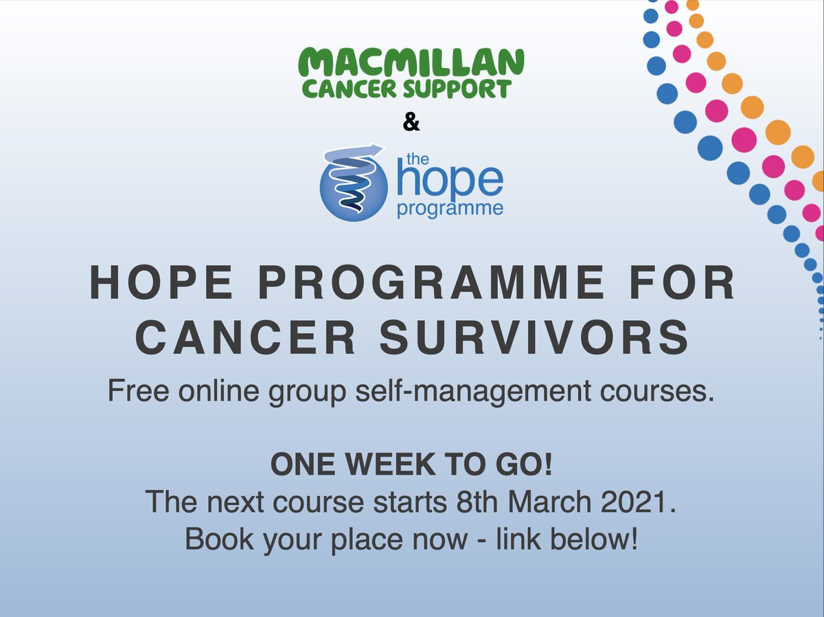 Living with or after a cancer diagnosis? Do you want to enhance your resilience through these difficult times, rediscover strengths and increase your ability to cope?
The next course starts in one week on the 8th March 2021! Book your place here: h4c.org.uk/courses/2021/3…