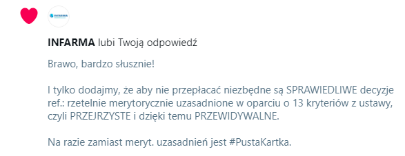 FdPrzejrzystosc's tweet photo. Fundacja z zadowoleniem odnotowuje, że INFARMA odpowiada TAK na pierwsze pytanie naszej inicjatywy #3xTAK. No bo to "polubienie" musi coś znaczyć, prawda?
Dziękujemy i zachęcamy inne organizacje producentów i pracodawców związ. z lekami!
Tu pełny wątek https://t.co/L6LkWYc8Am https://t.co/y1a8jdxlSp