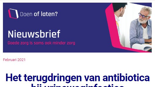 Onze eerste nieuwsbrief van 2021 met o.a. inspirerende voorbeelden en verhalen als het #gepastgebruik van #antibiotica bij #urineweginfecties en een #bracebehandeling bij #achillespeesruptuur waarmee een operatie voorkomen wordt.

mailchi.mp/42c89637ec86/n…