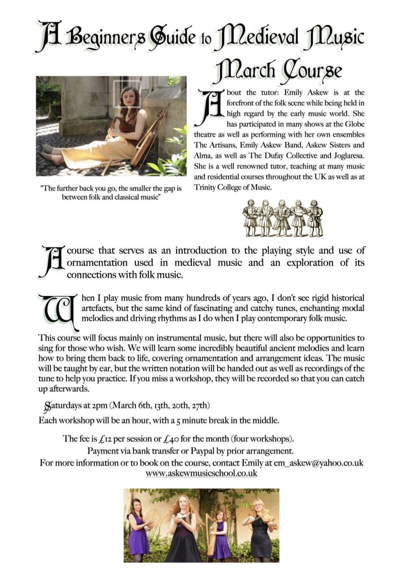 I’m now taking bookings for the March ‘Beginners Guide to Medieval Music’ Do get in touch if you’re interested