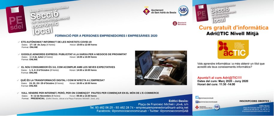 Des del Servei de Desenvolupament Econòmic Local de #promocióeconòmicaSAB, durant el 2020, es van organitzar les següents accions formatives:
<a href="/AjSantAdria/">Ajuntament SantAdrià</a> <a href="/HugoFerrerSaez/">HugoFerrerSaez</a> <a href="/JCallauBartoli/">Joan Callau</a> #SDELSAB #formacióSAB #cursoSAB