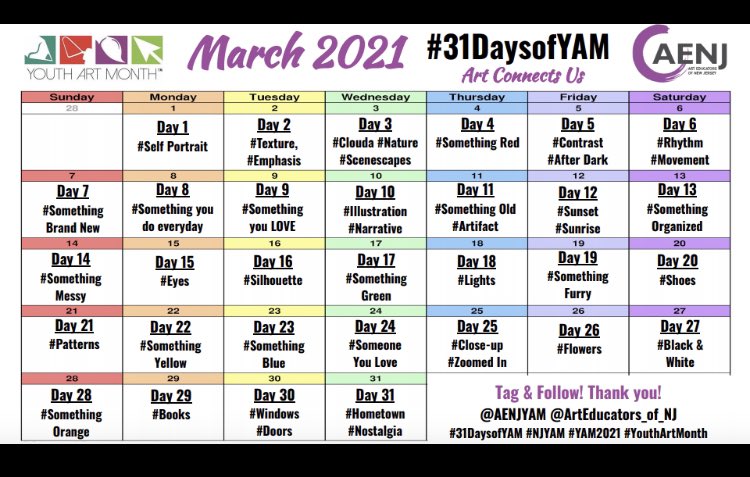 vmmsart's tweet photo. Happy Youth Art Month, Mustangs! Join in these challenges and share your posts on social media! @AenjYam #31daysofYAM #AENJYAM https://t.co/AYITXPl7FF