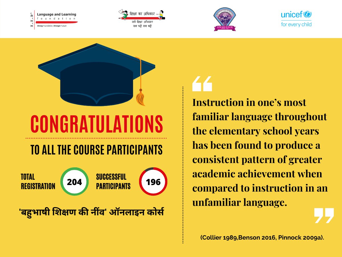 LLF in partnership with <a href="/samagraIN/">Samagra</a>, SCERT Chhattisgarh and <a href="/UNICEFIndia/">UNICEF India</a>, designed  conducted a 5 week blended online course on multilingual education. It aimed at improving the understanding of why and how to use children's home language(s) for teaching-learning in classroom.