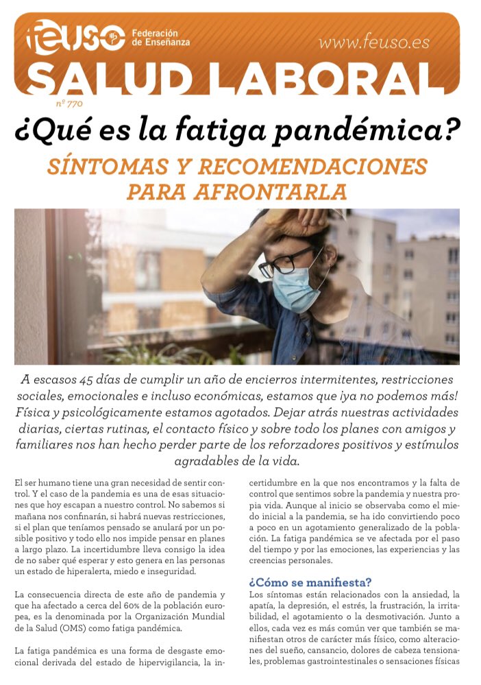 f_ense_uso's tweet photo. 😷😷 Nuevo boletín informativo editado por @f_ense_uso dedicado a la "fatiga pandémica" tras un año de #covid_19 #pandemia #coronavirus @USOConfe https://t.co/Y4asCrmD3f