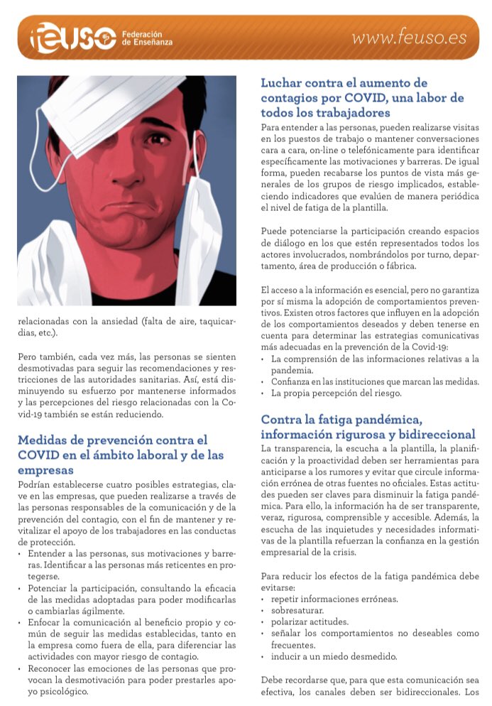 f_ense_uso's tweet photo. 😷😷 Nuevo boletín informativo editado por @f_ense_uso dedicado a la "fatiga pandémica" tras un año de #covid_19 #pandemia #coronavirus @USOConfe https://t.co/Y4asCrmD3f