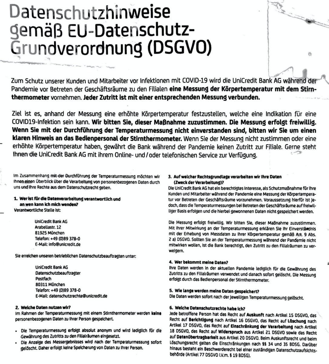 Wow! Eine #Datenschutzerklärung 😍für die Messung der Körpertemperatur (#Gesundheitsdatum!) mit dem Stirnthermometer beim Betreten in eine Bankfiliale! Es geht doch! #HypoVereinsbank #UniCredit #DSGVO