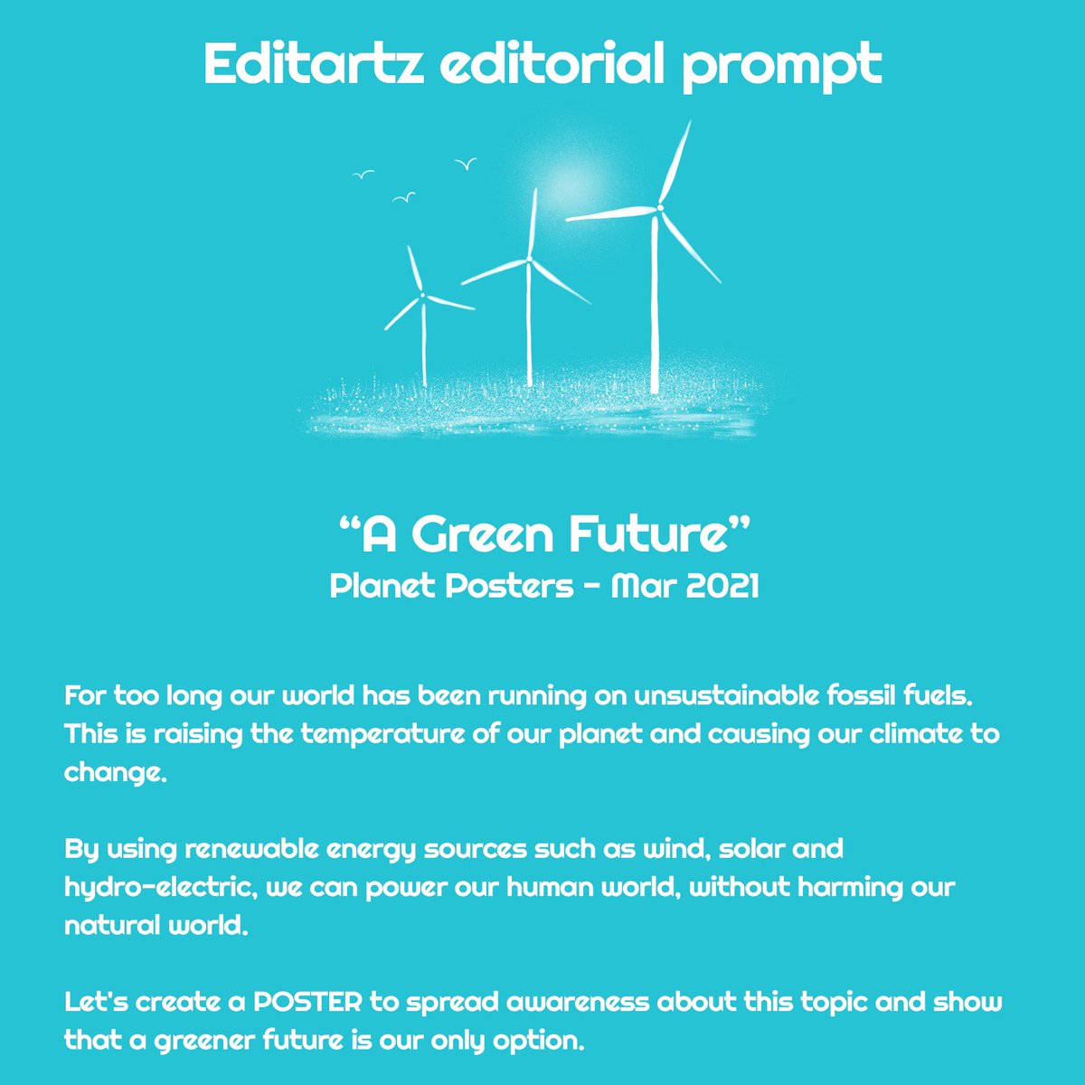 editartz's tweet photo. Editorial Prompt -March 2021
“A Green Future” - Planet Poster
in collaboration with @oneplanetconse1
The time of unsustainable fossil fuel is over. The world is ready to use renewable energy sources! #editartzmarchprompt2021 #editartz #editorialprompt https://t.co/VWhMhcXpwE