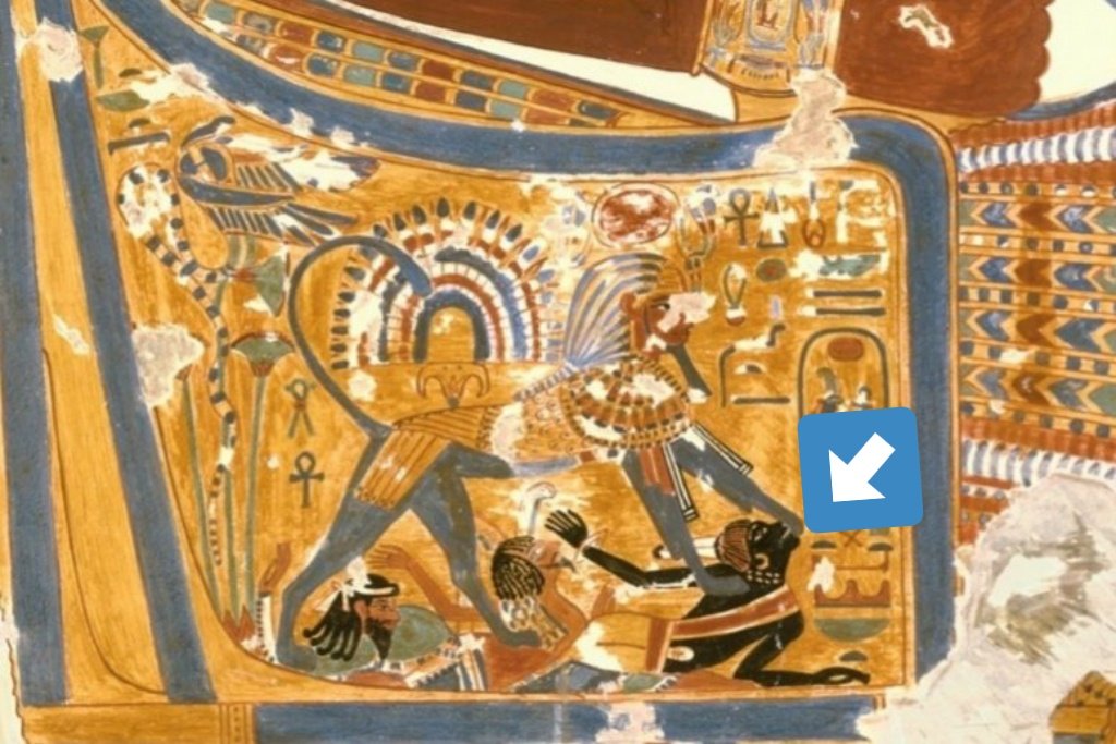 King tut portraying himself as a sphinx, crushing on the asiatic and nubian enemies Notice how the reddish brown colour is used for both egyptians and asiatics, notice the difference in phenotype and morphology of the face.