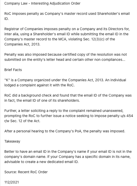 FCSJigarShah's tweet photo. Interesting ROC order. RoC imposes penalty as Company's master record used Shareholder's email ID.

Source: https://t.co/2hr69d9NFr https://t.co/ArIH7S5ZBQ