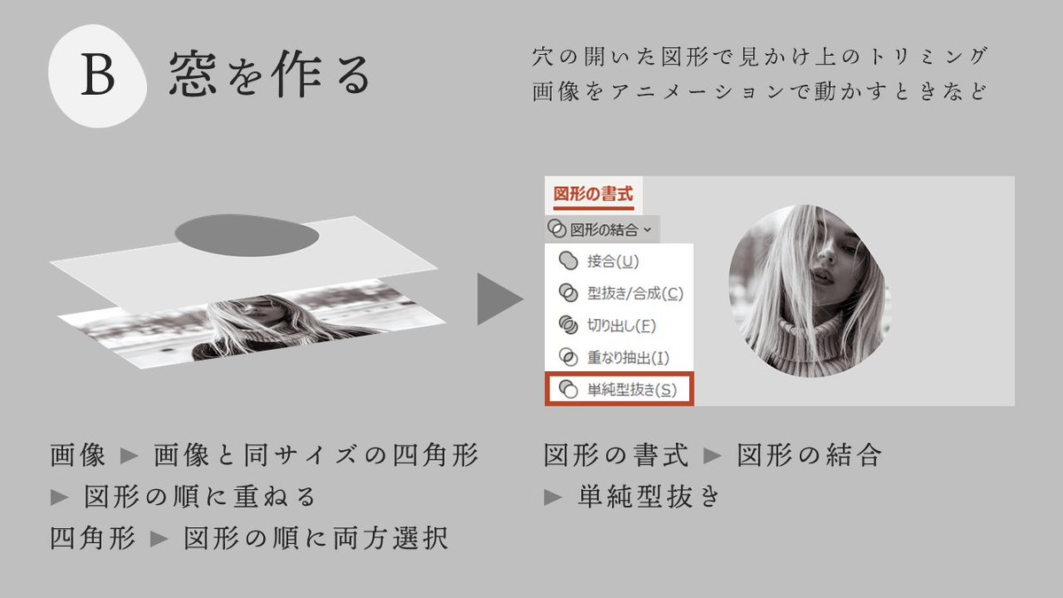 nesscoplasm's tweet image. PowerPointで、画像をオリジナルの図形やテキスト・アイコンなどでトリミングする方法を３種類。
Ｃはかなりマニアックな手法。

#PowerPoint