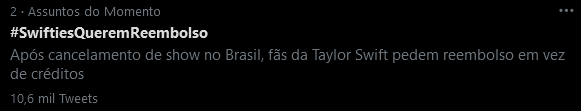 Já estamos em SEGUNDO LUGAR com mais de DEZ MIL tweets!

Continuem usando e espalhando  #SwiftiesQueremReembolso!