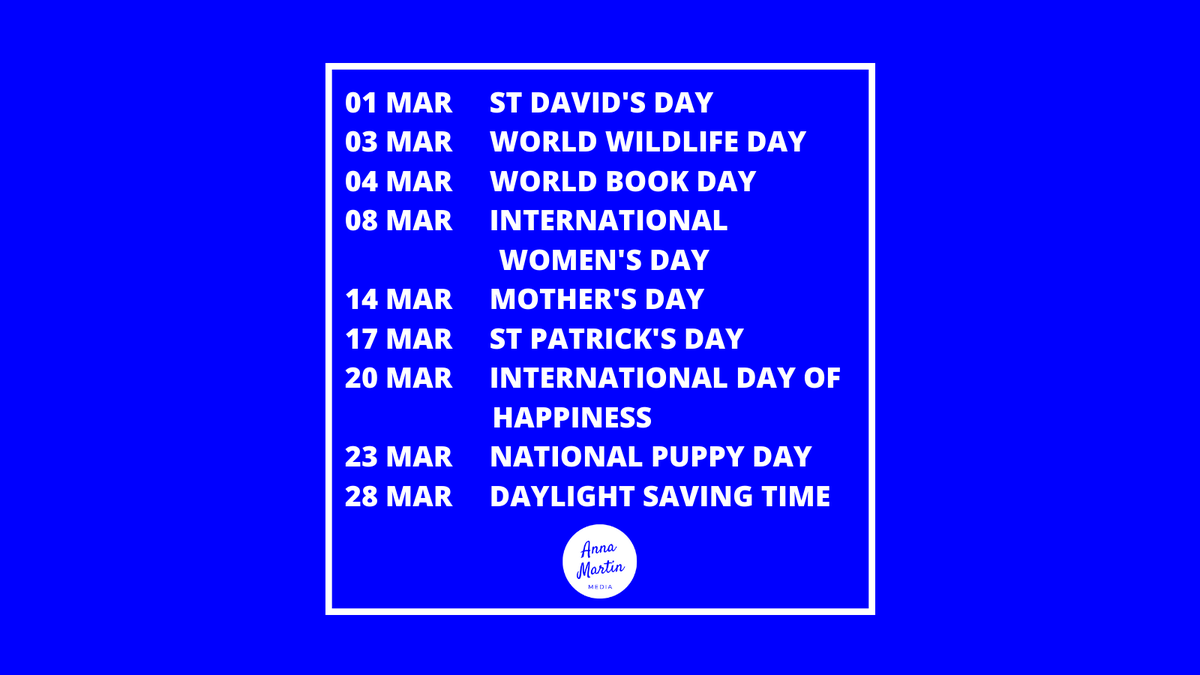 annamartinmedia's tweet photo. Got your content sorted for March yet?

If the answer if no, here are some awareness dates which should spark some ideas...

#marchdates #awarenessdays #awarenessdates #socialmediamarketing #contentmarketing https://t.co/To11EUDikV