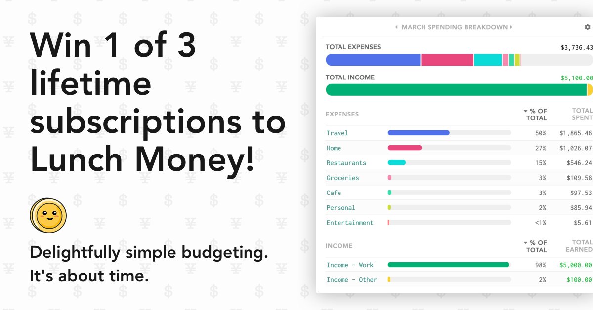 lunchmoney_app's tweet image. 🚨 GIVEAWAY TIME! 🚨

We&apos;re celebrating our latest milestone– 1000 happy customers– by giving away 3 lifetime subscriptions!

🪙 Valued at over $200
🌏 Open to anyone– trialing, existing &amp;amp; future users
📢 Follow @lunchmoney_app, like and RT to enter

Ends Mar 3, 23:59ET