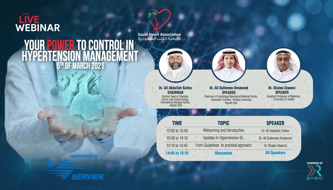 SAUDI HEART ASSOCIATION 

💻Free Live Webinar 
🗓5th March 2021
🕗Time:13:30 -15:15
🎓CME ACCREDITATION 
📋For registration :
kr.net.sa/webinar-sha-13…
