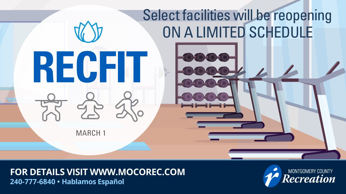 MontgomeryCoMD's tweet photo. Good morning on this first day of March! Beginning today, @MoCoRec is opening eight of its recreation centers on a limited schedule. 
Details 🏋️‍♂️ ➡ https://t.co/UqwE04XsRc. https://t.co/f1qFepQagB