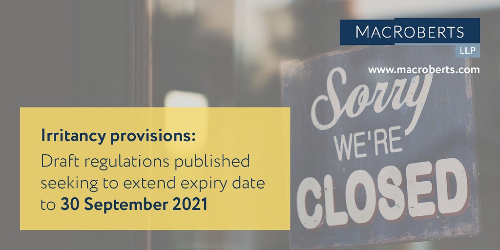 mfmacllp's tweet photo. The Scottish Parliament has published draft regulations seeking to further extend the expiry date of restrictions on irritancy provisions to 30 September 2021. Read the latest from our team on what this means for you ➡️ https://t.co/sGFzfpARmk #commercialproperty #rentrecovery https://t.co/JUJsok03Tv