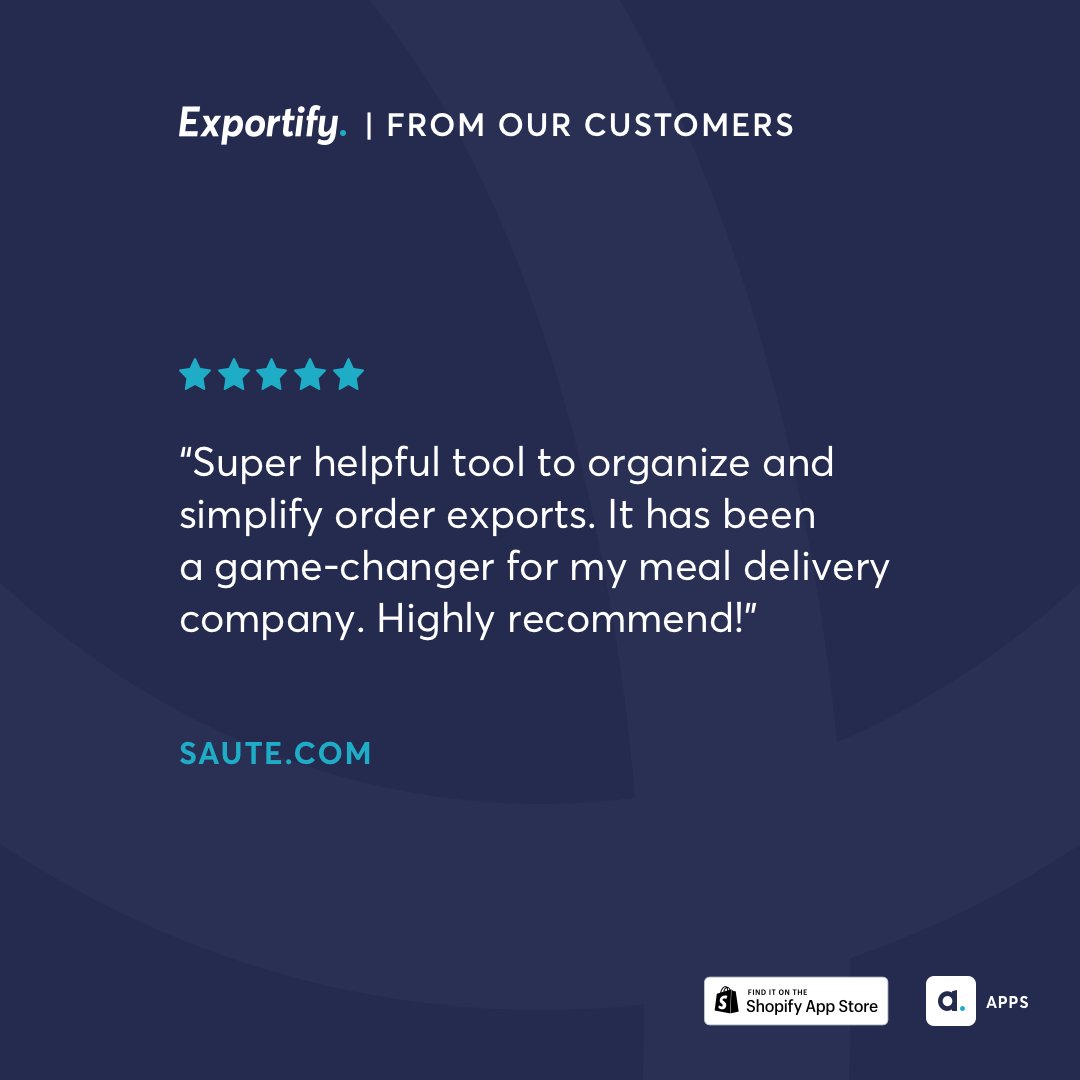 AbleSense's tweet image. We love reading our 5-star reviews. This one, from @TrySaute really hits the nail on the head: Exportify IS simple and useful (and worth a try!).

Each download of #Exportify comes with a free configuration, into the format you need for your partners!

apps.shopify.com/exportify