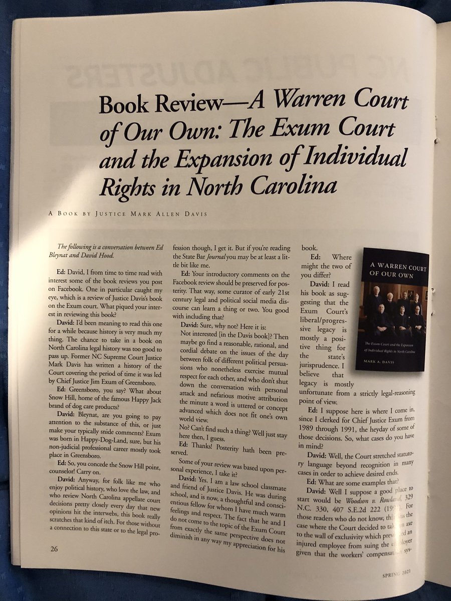 JudgeMarkDavis's tweet image. Thanks to Ed Bleynat and David Hood for their entertaining review of my book A Warren Court of Our Own in this month’s NC State Bar Journal. @NCStateBar @NCCourts