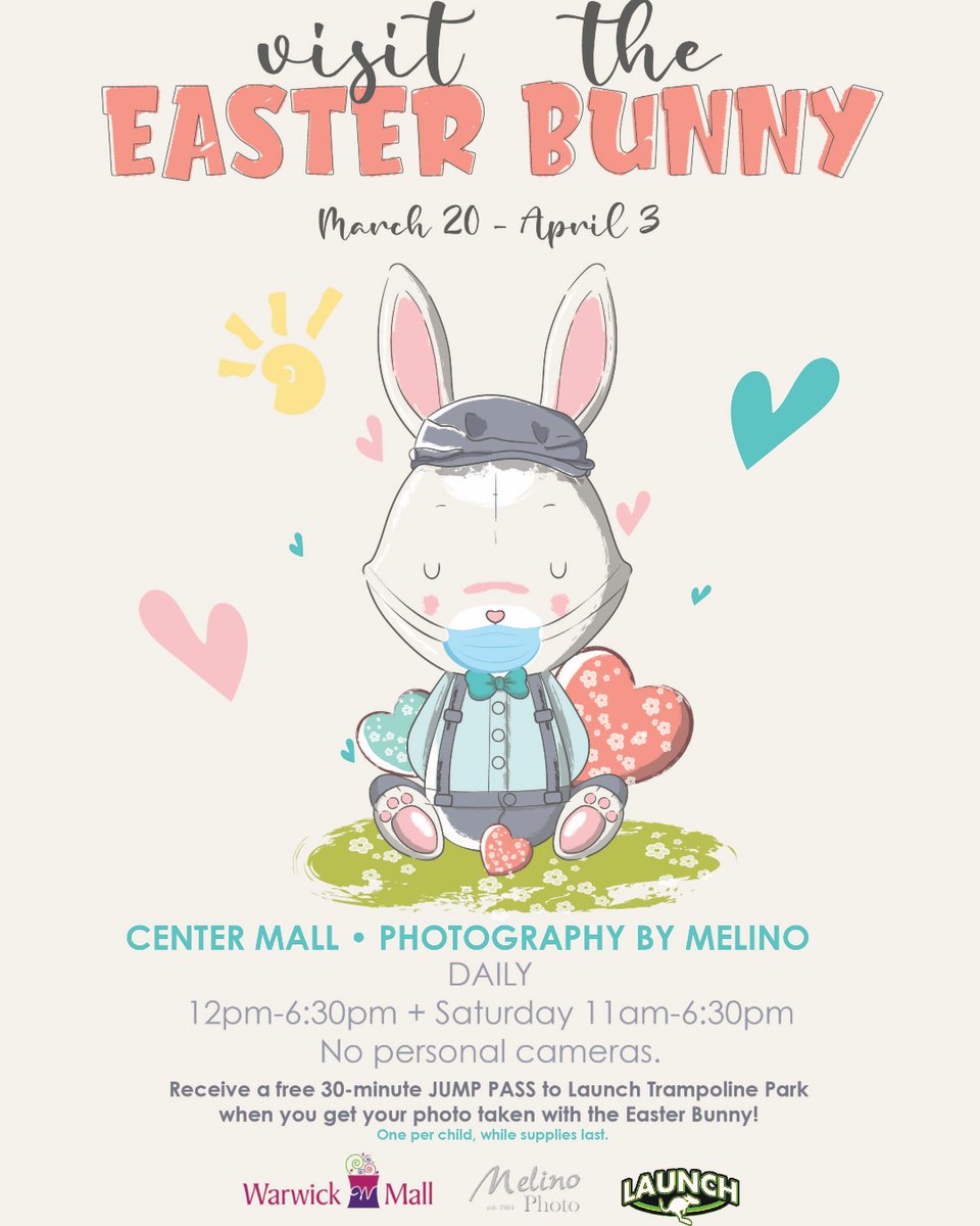 WarwickMall's tweet photo. We're happy to announce The Easter Bunny will be back this Spring season! For more information on our guidelines, please visit https://t.co/z5NjEv2x4F. 
We can't wait to see you! 🐰 https://t.co/9DFtpTsHu6