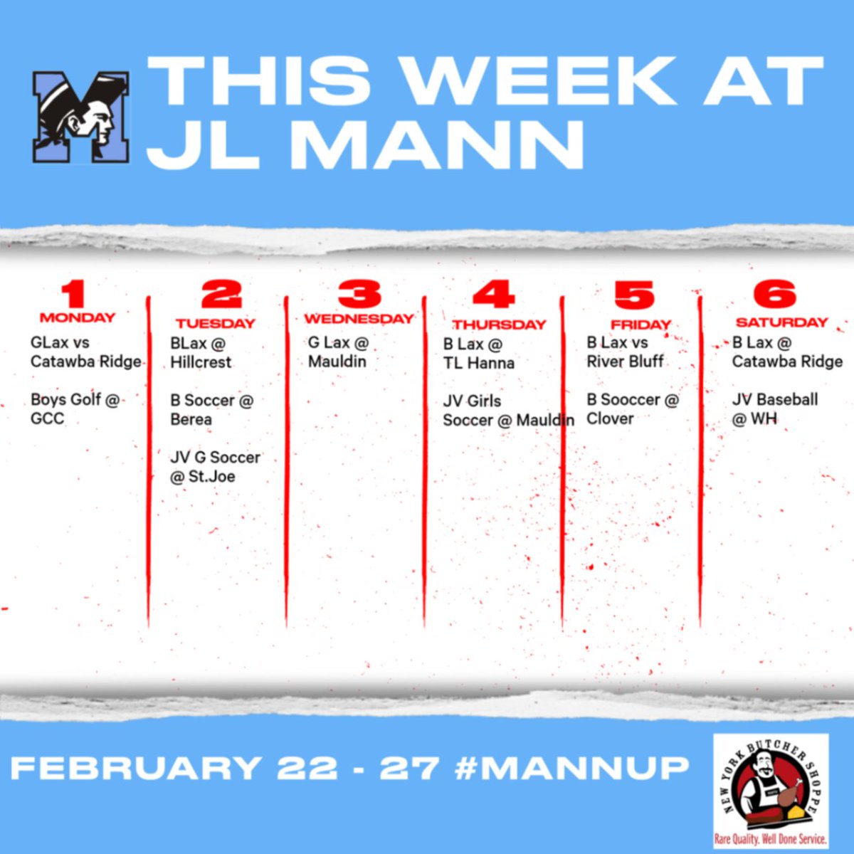 Weekly Schedule Sponsored by
New York Butcher Shop
Instagram: nybutchergreenville
Website: nybutcher.com
Twitter: <a href="/NYButcherMtP/">New York Butcher Shoppe</a>
Facebook: NYBGreenville