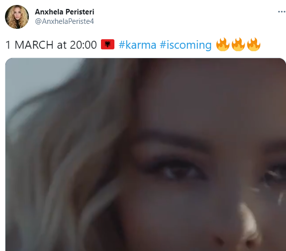 ESCunited's tweet photo. The finalized version of Albania's song, 'Karma', will be premiered tonight on RTSH-1 at 20:00 CET. #Eurovision2021
#OpenUp #Albania #FiK59 #Karma.
https://t.co/gJUz1f7Yig https://t.co/50BqnQL4qo