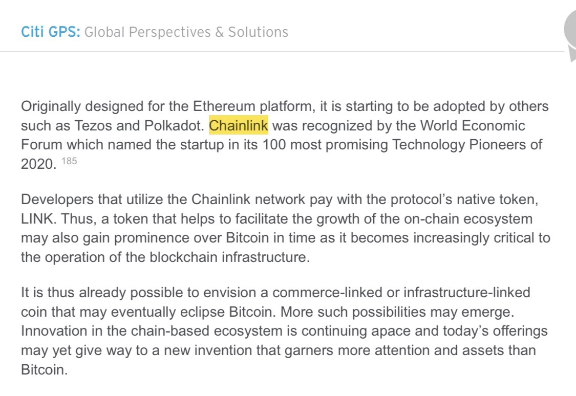 TheLinkMarine1's tweet image. Citibank releases research paper and in reference to #Chainlink states: “It is thus already possible to envision a commerce-linked or infrastructure-linked coin that may eventually eclipse #Bitcoin”

We knew, now @Citibank knows 🔥 

Read more here: citi.us/3sDzvlA

$LINK