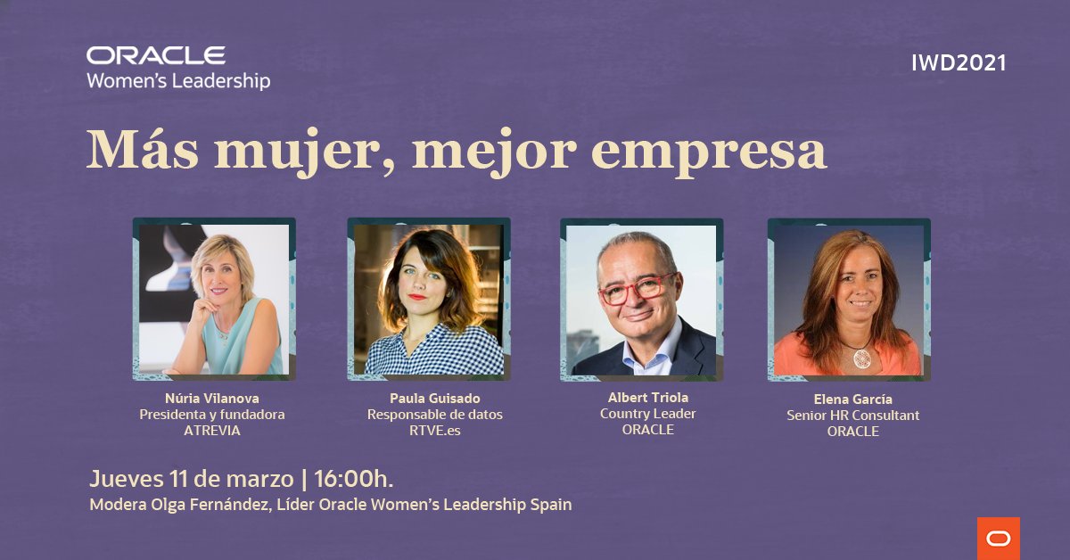 oracle_es's tweet image. Más mujer, mejor empresa💜.

🗓️El próximo jueves 11 de marzo escucharemos la visión de @nuriavilanova, @PauGuisado, @AlbertTriola1 y @Egarciaolias sobre el poder de la #inclusión, conciliación y el rol de la empresa.

📌bit.ly/IWD_OWL2021

#IWD2021 #ChooseToChallenge
