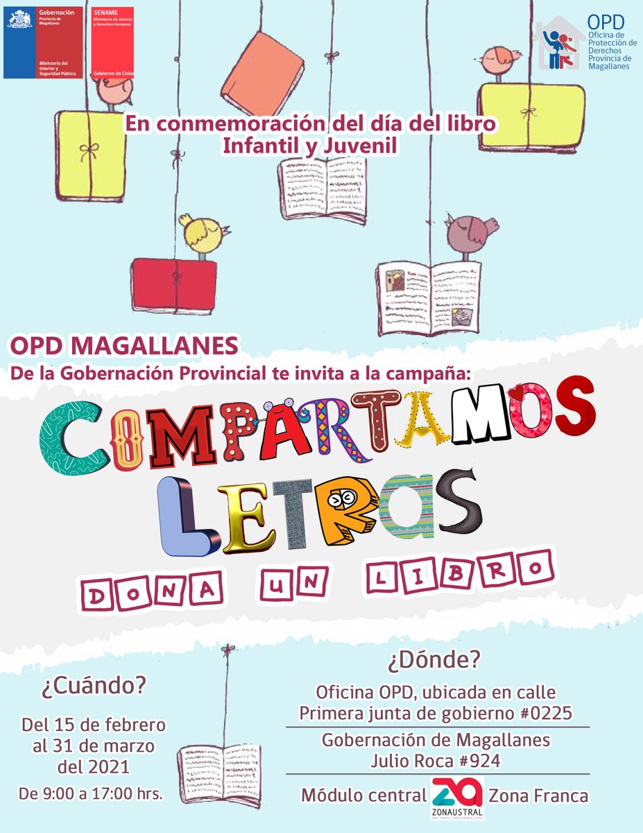 OPDMagallanes's tweet photo. Campaña del Libro "Compartamos Letras" Ve y dona un libro para nuestra niñez y adolescencia de la Provincia de Magallanes. Desde el 15 de Febrero hasta el 31 de marzo. @miralopPUQ @SoberaniaRadio @ITVnoticias @pinguinodiario @LaPrensAustral @IntendenciaM https://t.co/NG2lr9DC8W