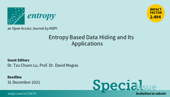 Entropy_MDPI's tweet image. New #SpecialIssue &quot;#Entropy Based #DataHiding and Its Applications&quot;, edited by Dr. Tzu Chuen Lu and Prof. Dr. David Megías, with deadline 31 December 2021. We look forward to your submissions!
mdpi.com/journal/entrop…

#signalprocessing
#bigdata
#steganography
#cryptography