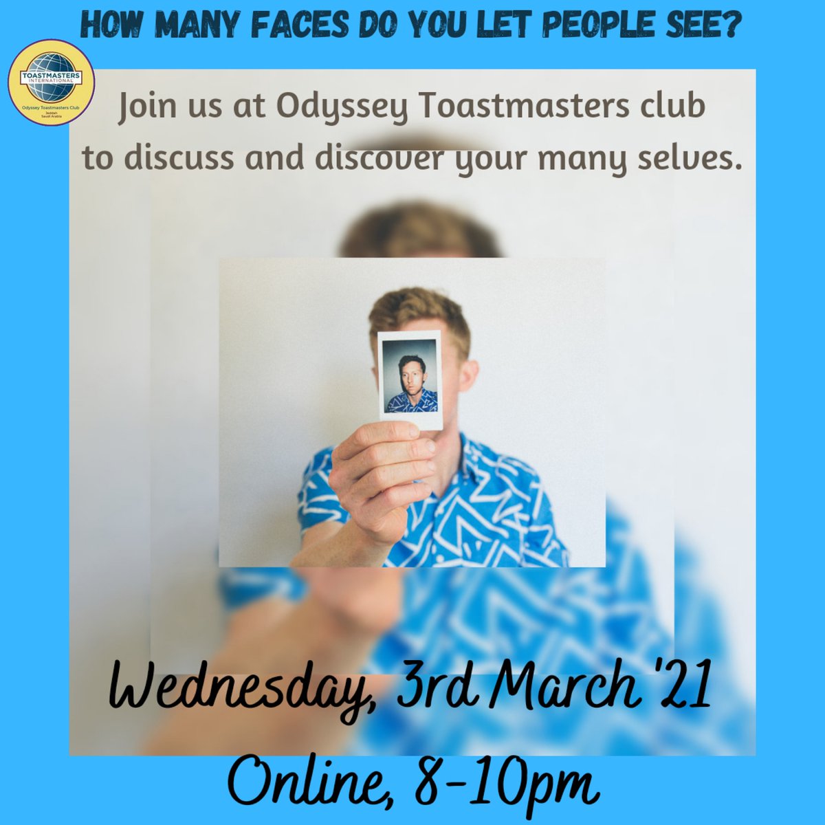 OdysseyTMC's tweet photo. How many faces do you have? How many of them do you let the people around you see?
Have you ever wondered about how people perceive you n whether it matches up to your own perception?

Come n discuss the finer arts of psychology n one's true self @ Odyssey Toasmasters nxt meeting https://t.co/7xakPTA9q7