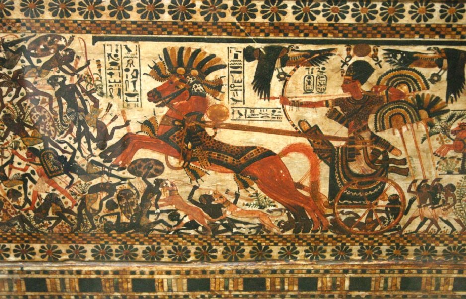 1/2 King Tut leading the army, crushing the enemy, his soldiers stabbing them3/4 King tuts sandals and stuff, on which and by which he steps on the floor, i would personally find that too humiliating, no ?