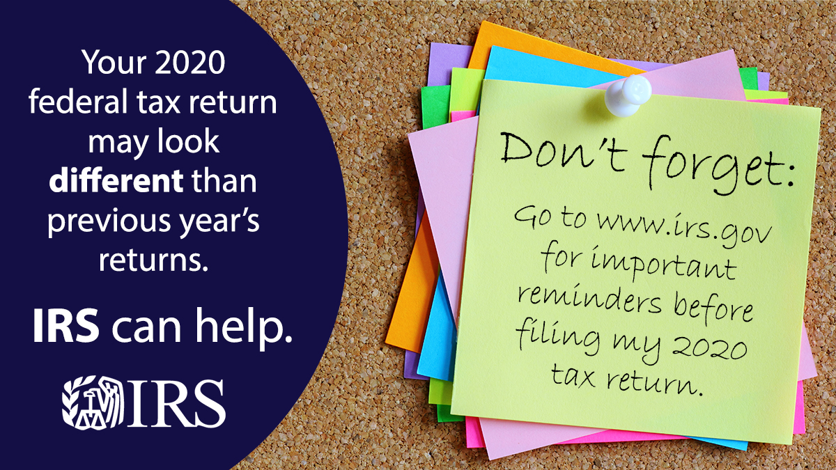 IRSnews's tweet photo. #IRS has important reminders for taxpayers who are about to file their 2020 federal tax returns. See: https://t.co/KsngTsZ7yZ https://t.co/Fi8TTd9WRO