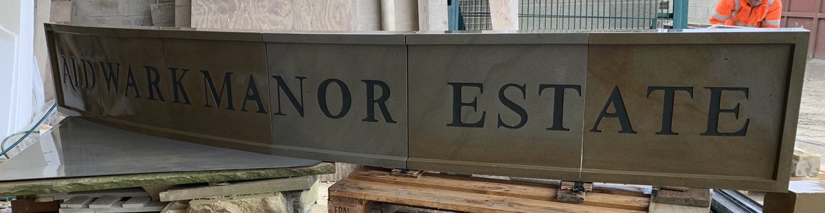 DimensionalSton's tweet photo. Working in collaboration with Hardy Stone Company, we’ve produced this beauty in house, all shaped and carved by our in house stonemasons! Sign is nearly 4m in length 1 of 2 we have to produce #EntranceSign #Yorkstone #BuffGrey #ProductOfYorkshire #HandCarved https://t.co/Na73tvWpik