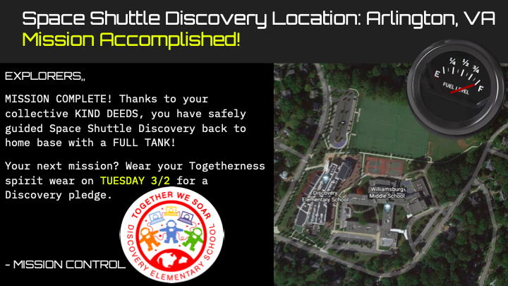 Remember to wear your Togetherness spirit wear tomorrow. Together We Soar! <a href="/DiscoveryAPS/">Discovery APS</a> <a href="/DiscoveryESPTA/">Discovery PTA</a>