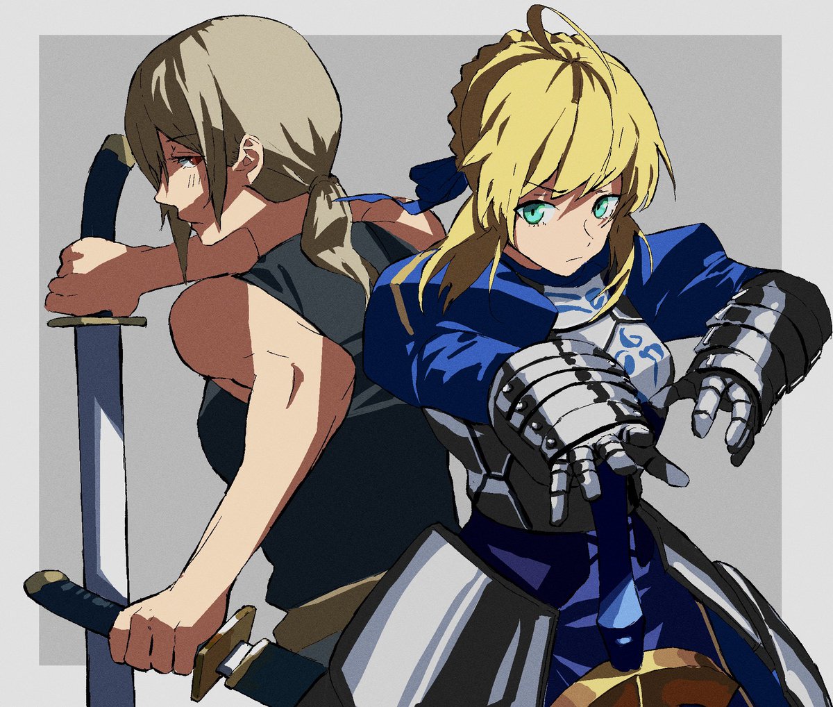 artoria pendragon (fate) multiple girls 2girls weapon sword armor armored dress blonde hair  illustration images