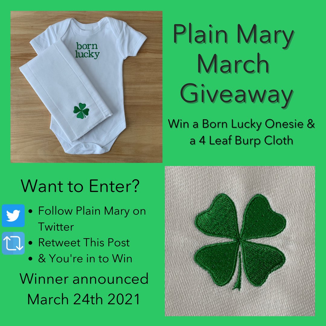 plainmary's tweet image. March is here. Be sure to check out our Born Lucky Giveaway. 

It’s so easy to enter:

1. Follow Plain Mary on Twitter
2. RT this tweet.
3. You’re in to win.

Have a great Monday.

#baby #babyshower #babygift #onesie #giftset #clover #lucky #bornlucky #giveaway #giveawayalert